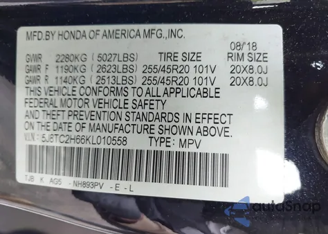 2019 Acura Rdx A-Spec Package from USA, damaged, VIN 5J8TC2H66KL010558